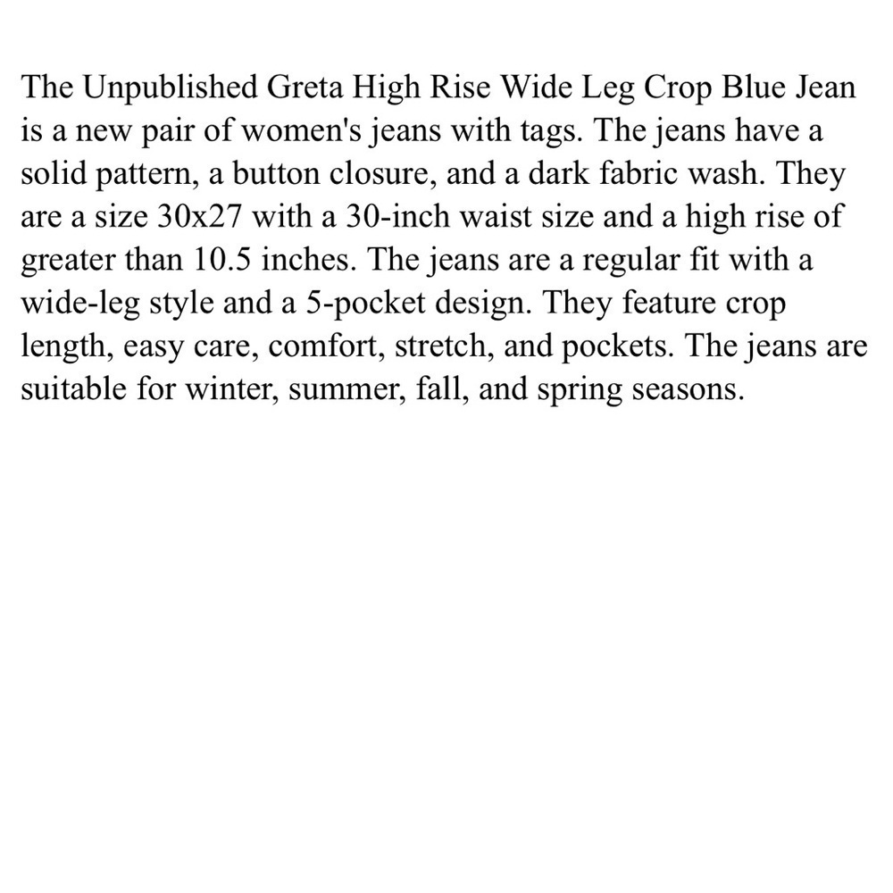Unpublished Greta High Rise Wide Leg Crop Blue Jean Button Closure Size 30 X 27 - Picture 7 of 7